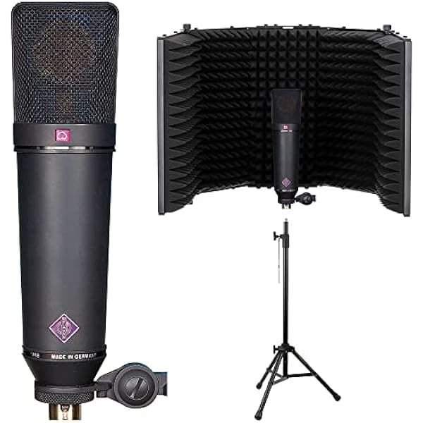 Neumann U 87 Ai MT - Micrófono de condensador multipatrón de diafragma grande (negro mate) con filtro de reflexión Auray RF-5P-B y soporte de micrófono para trípode de filtro de reflexión