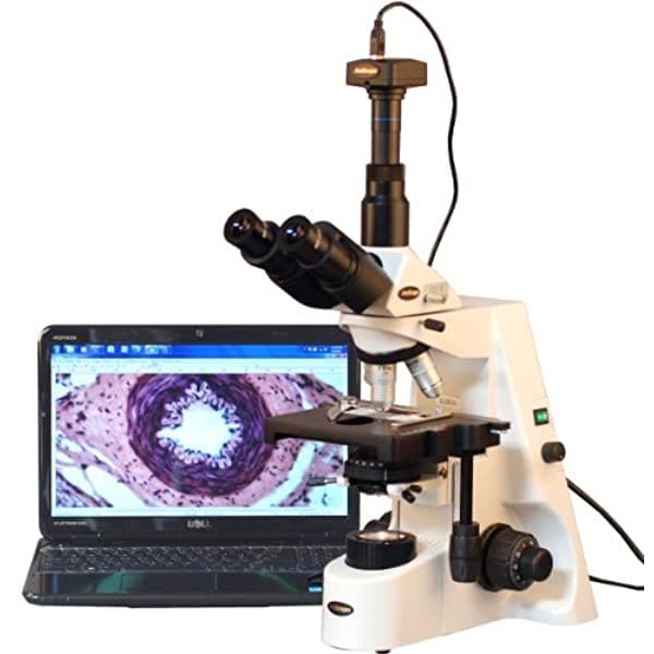 AmScope T690C-PL-5M microscopio compuesto digital trinocular, aumento 40X-2500X, oculares super-widefield WH10X y WH25X, objetivos plan acromáticos a infinito, brightfield, condensador Kohler, platina mecánica de doble capa, incluye cámara de 5 MP con lente de reducción y software
