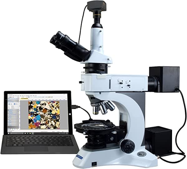 OMAX M838PLTR-C100U3 Microscopio polarizador 50X-1000X luz transmitida/episcópica con cámara digital USB3.0 10MP de alta velocidad