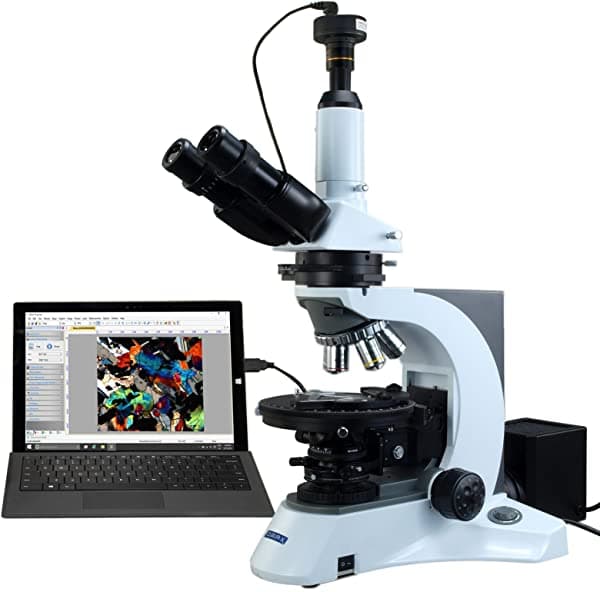 OMAX microscopio trinocular de polarización infinity 40X-1000X + cámara digital de 10 megapíxeles M838PL-C100U