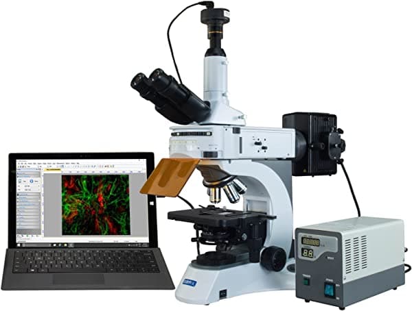 OMAX microscopio trinocular de epifluorescencia 40X-1000X con cámara de 9 MP M838FLR-C90
