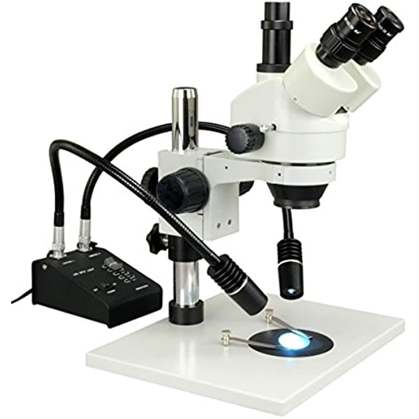 OMAX microscopio estéreo trinocular con zoom 7X-45X + luz LED de doble cuello de cisne de 6 W W43APT-L3WLED