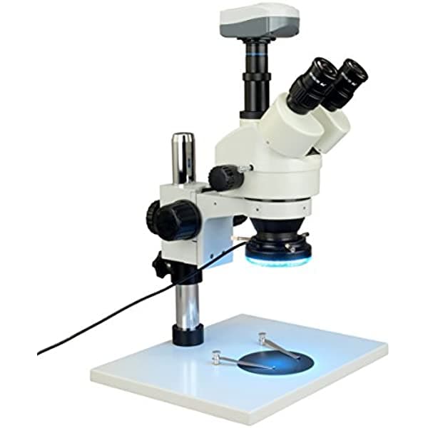 OMAX microscopio estéreo trinocular con zoom 7X-45X + anillo de luz de 60 LED + cámara USB de 5.0 MP W43APT-L60-C50