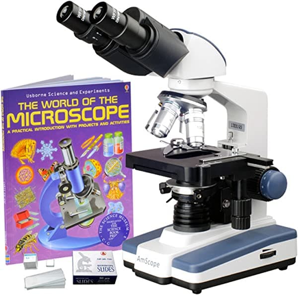 AmScope B120C-WM-50P100S 2500X microscopio compuesto binocular de laboratorio LED con platina 3D, libro y juego de portaobjetos en blanco
