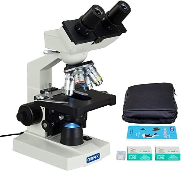 OMAX 40X-2500X Microscopio Compuesto Binocular LED de Laboratorio + funda de transporte + portaobjetos en blanco + fundas + lente de Vinilo M82EZ-A188V-SCP