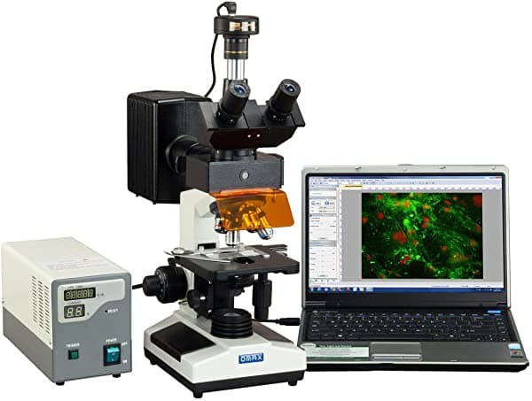 OMAX 40X-2500X Microscopio Trinocular Biológico Avanzado de Epi-fluorescencia con cámara digital USB de 10 MP M837ZFLR-C100U