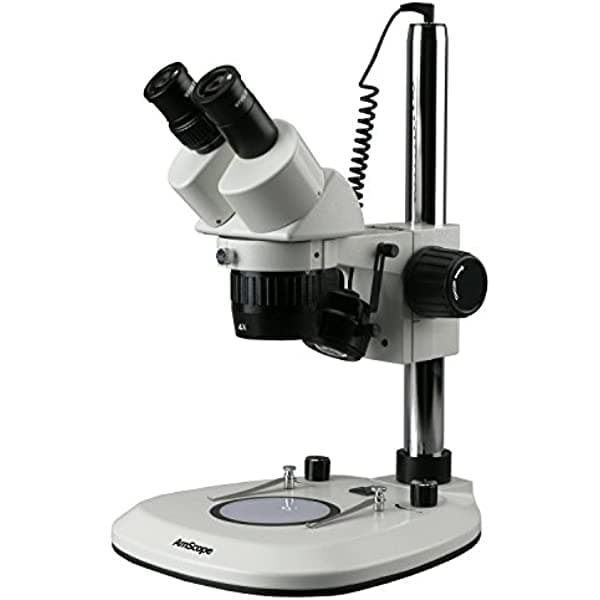 AmScope Microscopio estéreo con soporte de pilar de campo súper ancho 20X-40X con luces LED superiores e inferiores SWDG-2B24-6WA