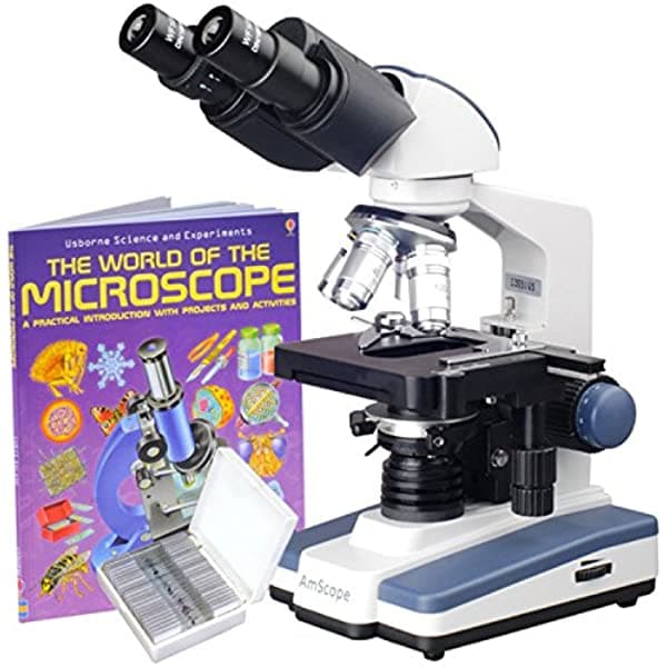 AmScope 40 x -2500 X Microscopio Compuesto LED Lab Binocular + libro + 25 preparado diapositivas B120C-WM-PS25