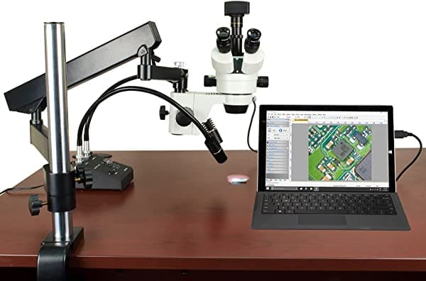 Omax 2.1X-180X 5 MP USB3 microscopio trinocular estéreo en brazo articulado con luz LED de 6 W digital W43AF1-D3X2A-E20-L3WLED-C50U3