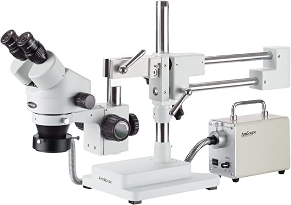 AmScope SM-4B-30WR 7X-45X - Anillo de luz LED de fibra óptica con zoom estéreo en soporte de brazo doble