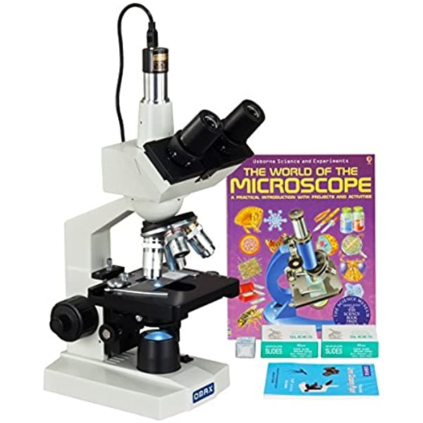Omax 40X-2000X microscopio trinocular compuesto LED + cámara de 1.3 MP + portaobjetos en blanco + fundas + papel para lentes + libro M83ES-SCP-WM-C13S
