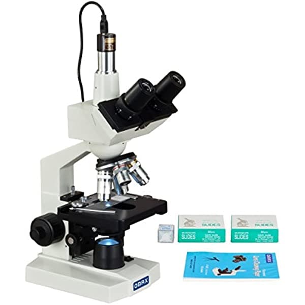 Omax 40X-2000X microscopio trinocular compuesto de laboratorio LED + cámara de 1.3 MP + portaobjetos en blanco + fundas + papel para lentes M83ES-SCP-C13S