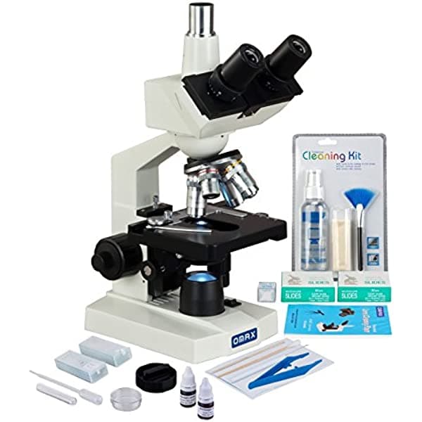 Omax 2500X LED microscopio trinocular de laboratorio + kit de preparación de portaobjetos + portaobjetos en blanco + lente + kit de limpieza M83EZ-PKG3