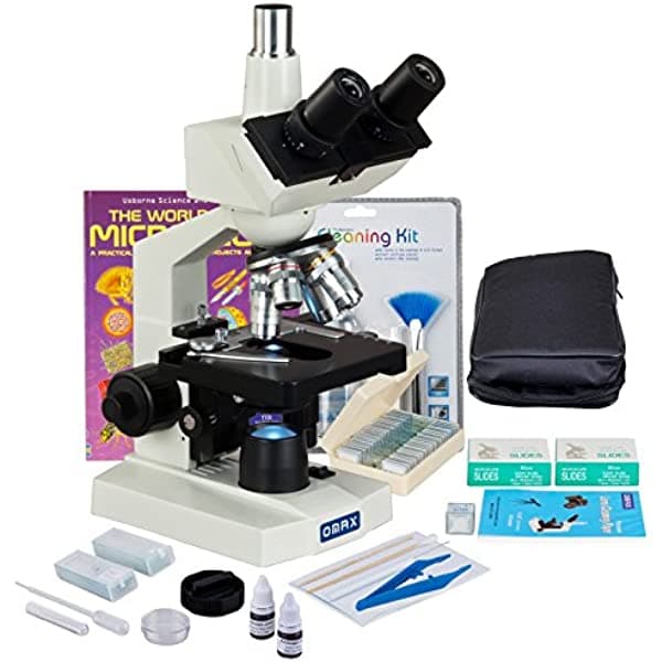 Omax 2500X LED lab microscopio + kit de preparación de portaobjetos + portaobjetos preparados y en blanco + libro + kit de limpieza + estuche M83EZ-A188V-PKG2