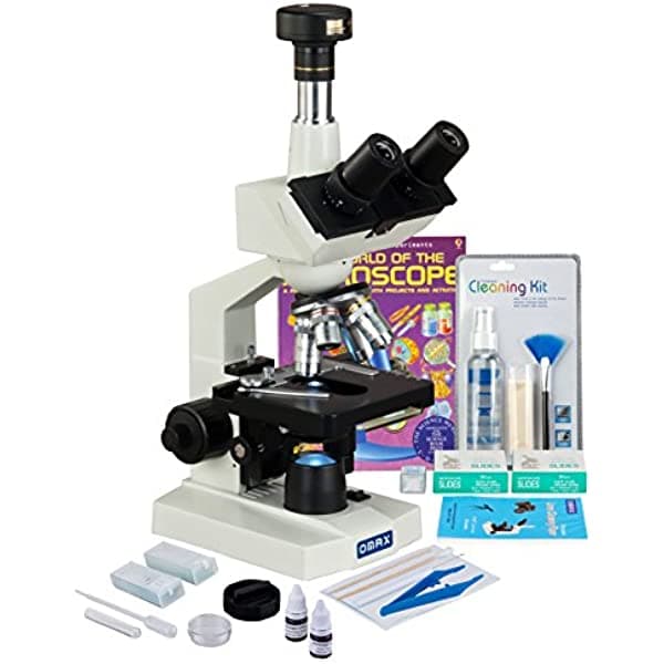 Omax 40X-2500X 5 MP digital LED lab microscopio + kit de preparación de portaobjetos + portaobjetos en blanco + kit de limpieza + libro M83EZ-PKG5-C50U