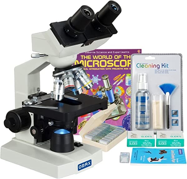 OMAX M82EZ-PKG1 2500x microscopio binocular de laboratorio LED + libro + portaobjetos preparados + portaobjetos en blanco + papel para lentes + kit de limpieza