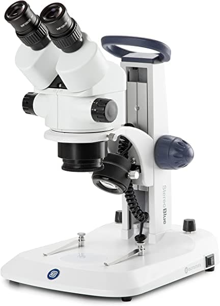 AmScope StereoBlue microscopio binocular estéreo con zoom, objetivo zoom 0.7x a 4.5x, aumento de 7x a 45x, soporte ergonómico, iluminación LED incidente y transmitida