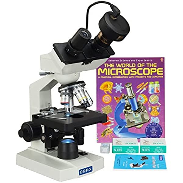 OMAX M82EZ-SCP-WM-C30U 40x-2500x microscopio binocular de laboratorio LED con cámara digital 3 MP + portaobjetos en blanco + cubreobjetos + papel para lentes + libro