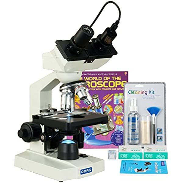 OMAX M82EZ-PKG6-C13S 40x-2500x microscopio binocular LED con cámara 1.3 MP + kit de limpieza + portaobjetos en blanco + papel para lentes + libro