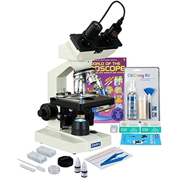 Omax 2500 x LED Microscopio Binocular 5 MP cámara + Slide Preparación Kit + Kit de limpieza + libro + en blanco Slide M82EZ-PKG5-C50S