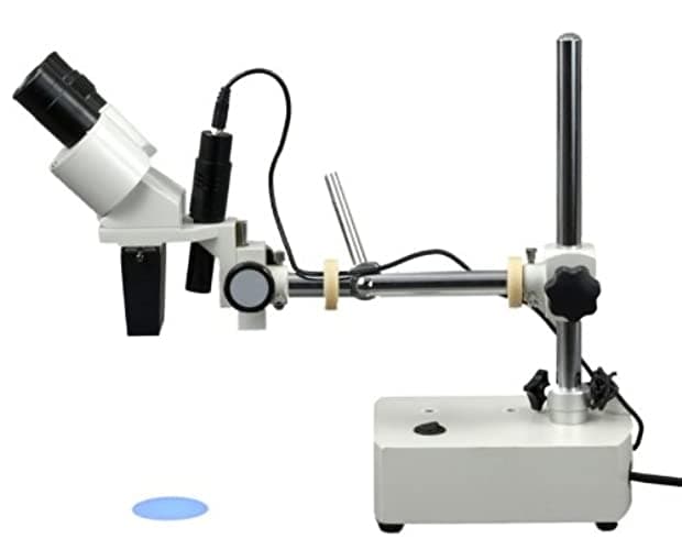 OMAX microscopio en ángulo 10x-20x binocular con soporte de brazo boom y luz de lápiz ajustable