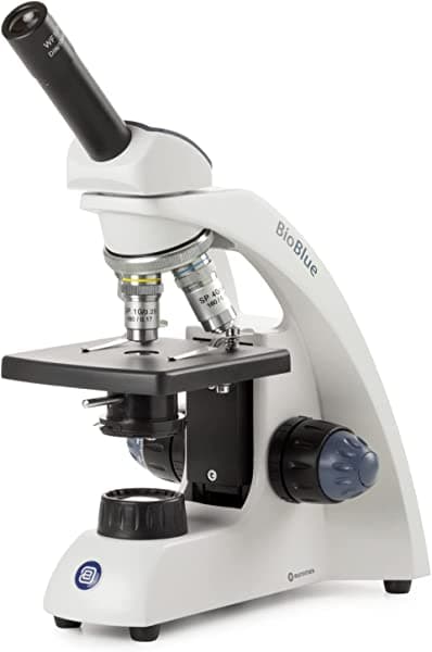 AmScope Microscopio monocular BioBlue SMP 4/10/S40x objetivos, etapa lisa con abrazaderas, iluminación LED inalámbrica de 1 W
