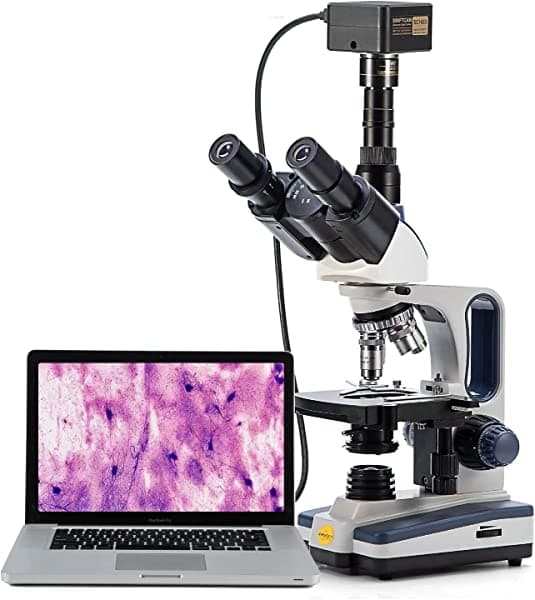 Swift SW350T microscopio trinocular compuesto, aumento 40x-2500x, platina mecánica de doble capa, cámara Swiftcam 10.0 MP y software compatible con Windows/Mac