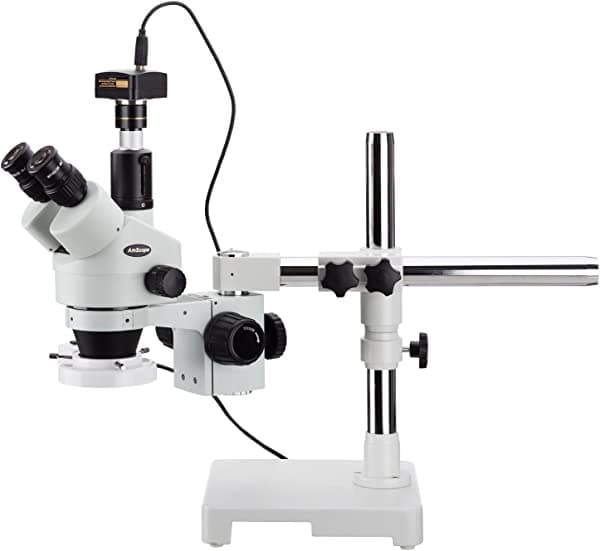 AmScope SM-3TX-FRL-5M 3.5x-45x microscopio estéreo trinocular con zoom, luz anular fluorescente y cámara 5 MP