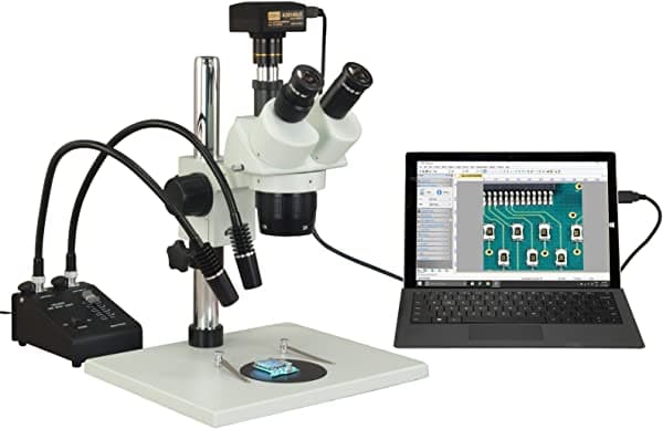 OMAX microscopio estéreo trinocular 5x/10x/15x/20x/30x/60x de 18 MP USB3 con soporte de mesa + luz LED dual de cuello de cisne G13T-D5X2-L3WLED-C180U3