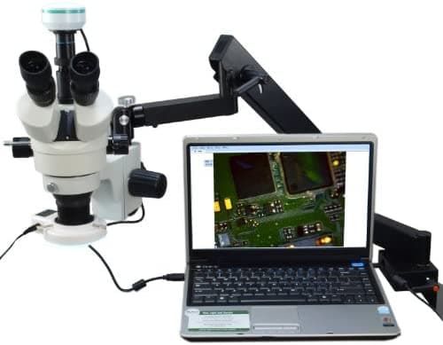 OMAX microscopio estéreo trinocular digital con zoom 3.5x-90X, brazo articulado, cámara USB de 2.0 MP y anillo de luz de 54 LED W43CF4-L54P-C20C