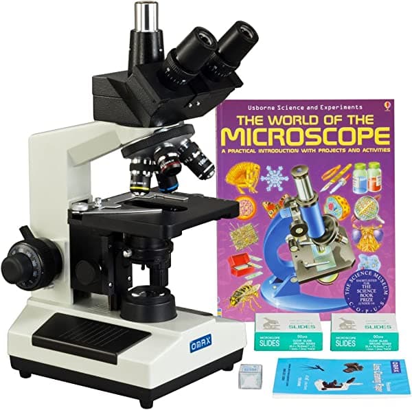 OMAX microscopio compuesto trinocular LED 40x-2500X con portaobjetos en blanco + fundas + papel para lentes + libro M837ZL-SCP-WM