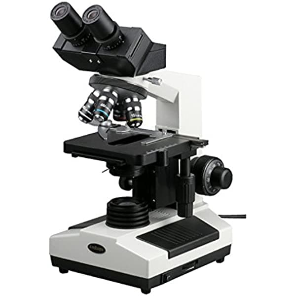 AmScope B390C microscopio compuesto binocular, aumento 40x-2500X, brightfield, iluminación halógena, condensador Abbe, platina mecánica de doble capa, cabezal deslizante