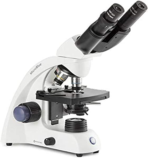 AmScope MicroBlue microscopio binocular, objetivos acromáticos 4/10/S40/S100x de aceite DIN 1.378 in, platina mecánica, iluminación LED