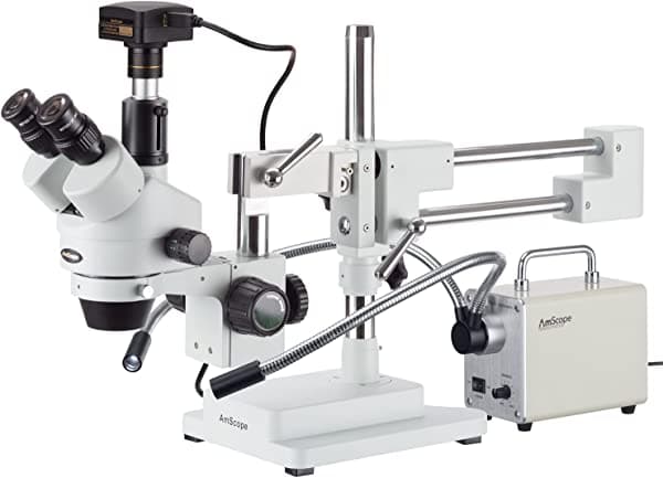 AmScope SM-4TP-30WY-14M3 microscopio estéreo trinocular Simul-Focal 7X-45X con luz LED de fibra óptica y cámara USB3 de 14MP