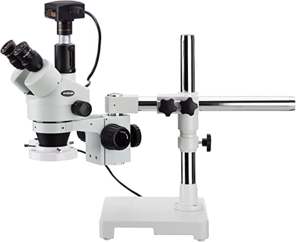 AmScope microscopio estéreo trinocular con zoom 3.5X-180X con anillo de luz fluorescente y cámara USB3 de 10 MP SM-3TZZ-FRL-10M3