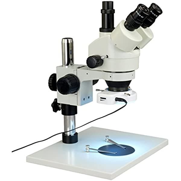 OMAX microscopio estéreo trinocular con zoom 7X-45X + anillo de luz de 144 LED W43APT-L144S