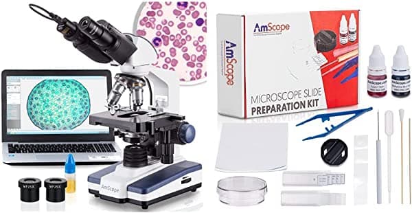 AmScope microscopio compuesto binocular digital LED 40X-2500X con platina 3D + cámara USB de 5 MP y kit de preparación de microscopio SP-14 que incluye colorantes