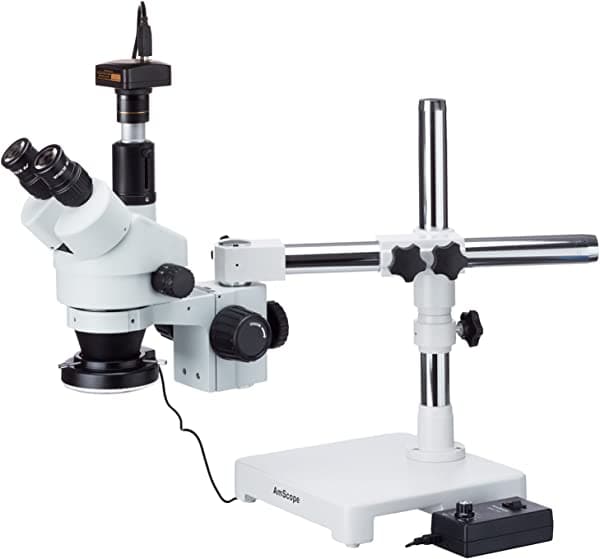 AmScope Microscopio estéreo 3.5X-180X en soporte de brazo único con cámara de 144 LED y 10MP SM-3TZZ-144-10M