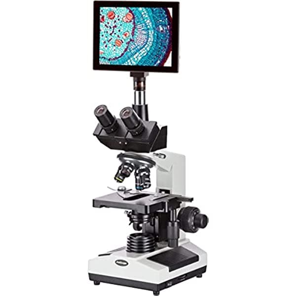 AmScope - Microscopio compuesto halógeno trinocular 40X-2500X + sistema de imagen con pantalla táctil de 9.7 pulgadas - T390C-TP