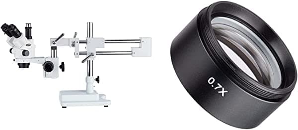 AmScope - Microscopio SM-4NTP 7X-45X estéreo simulocal con zoom bloqueable en soporte de brazo doble y lente SM07 0.7X para microscopios estéreo SM (1.890 in)