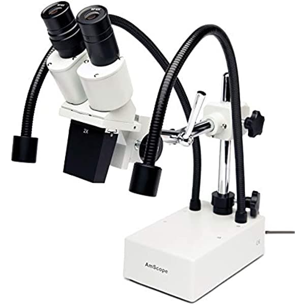 AmScope SE420-2L Microscopio Estereoscópico Compacto de Lentes Fijas con Brazo Boom y Doble Luz LED Flexo 20X