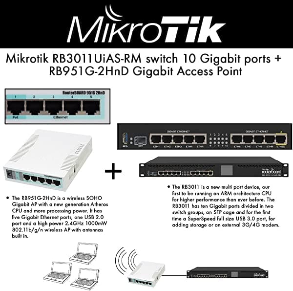 Mikrotik rb3011uias-rm Switch 10 puertos Gigabit + rb951g-2hnd Gigabit punto de acceso