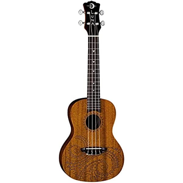 Luna Tattoo Concert - Ukelele de caoba con funda acolchada, satén natural UKETCMAH