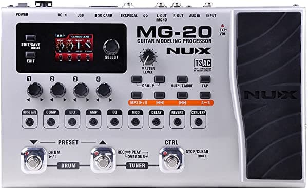 Nux MG-20 - Guitarra eléctrica de modelado multiefectos para guitarra de piso con máquina de batería y función de bucle.