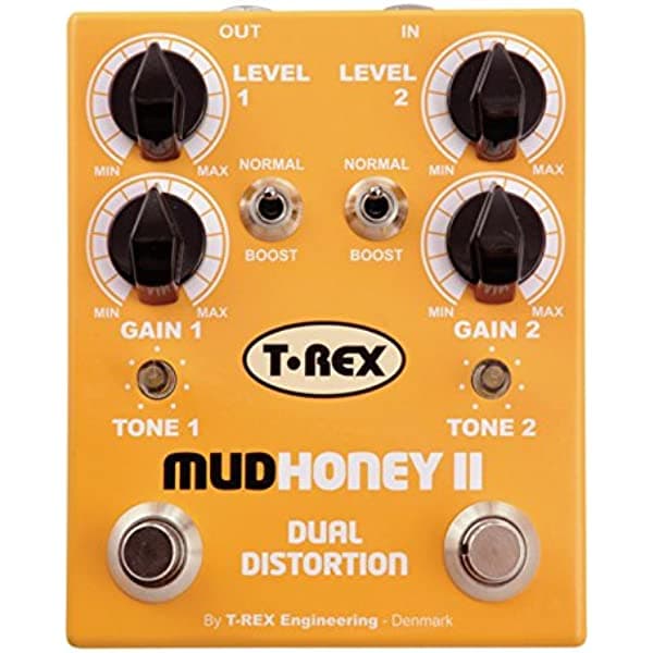 T-Rex Engineering MUDHONEY-II Pedal de efectos de guitarra de doble distorsión con dos canales independientes de doble distorsión; función de aumento individual y controles de tono para cada canal (10020)