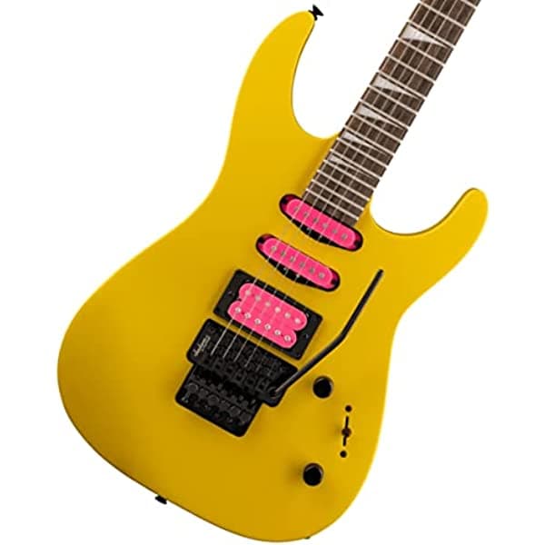 Jackson DK3XR HSS Precaución amarillo con pastillas rosas DK3XRHSSCAUTIONYELLOW