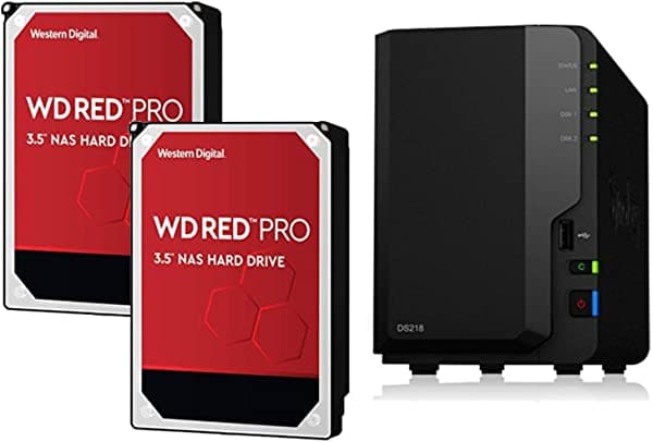PHOTO4LESS Synology 2 Bay NAS DiskStation DS218 (Diskless) + 2 WD Red Pro 4TB Hard Drives 7200 Class