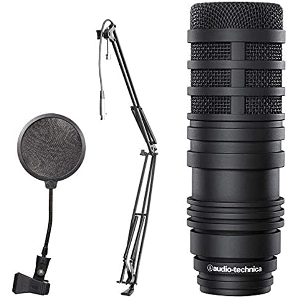Audio-Technica BP40 Micrófono dinámico de broadcast de diafragma grande + brazo articulado On-Stage con cable XLR + filtro de audio CAD