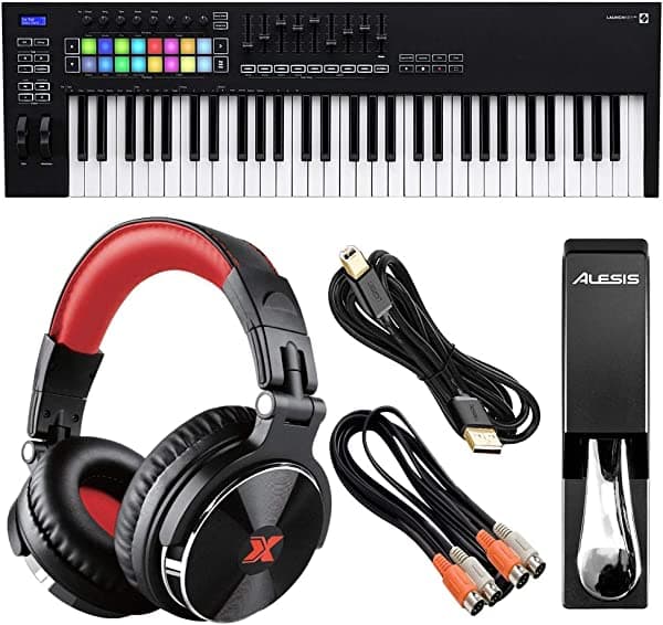 Novation Launchkey 61 MK3 teclado controlador USB MIDI (61 teclas) con auriculares XPIX Pro DJ, pedal de sustain universal Alesis ASP-2 y accesorios esenciales