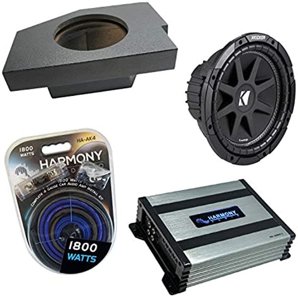 Compatible con Dodge Ram Quad/Crew Truck 2002-2018 Kicker Bundle Comp C10 caja para subwoofer simple de 10" con revestimiento Rhino y Harmony HA-A400.1 Amp RL-SUB-PACK102-H